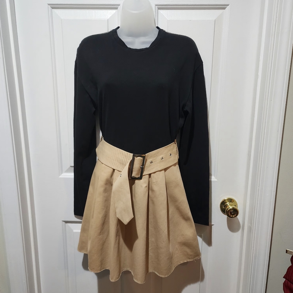 Zara Black and Tan Pleated Mini Skirt, Cotton Size Small